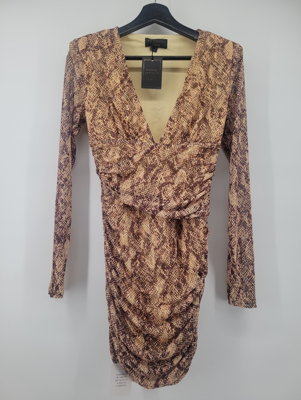 Michael Costello x Revolve Brown Snake-Print Long Sleeve V-Neck Dress Brown Tan